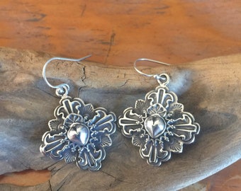 E126 The Truchas Cross with overlay Taos Heart Sterling Silver Southwestern Native Style Earrings