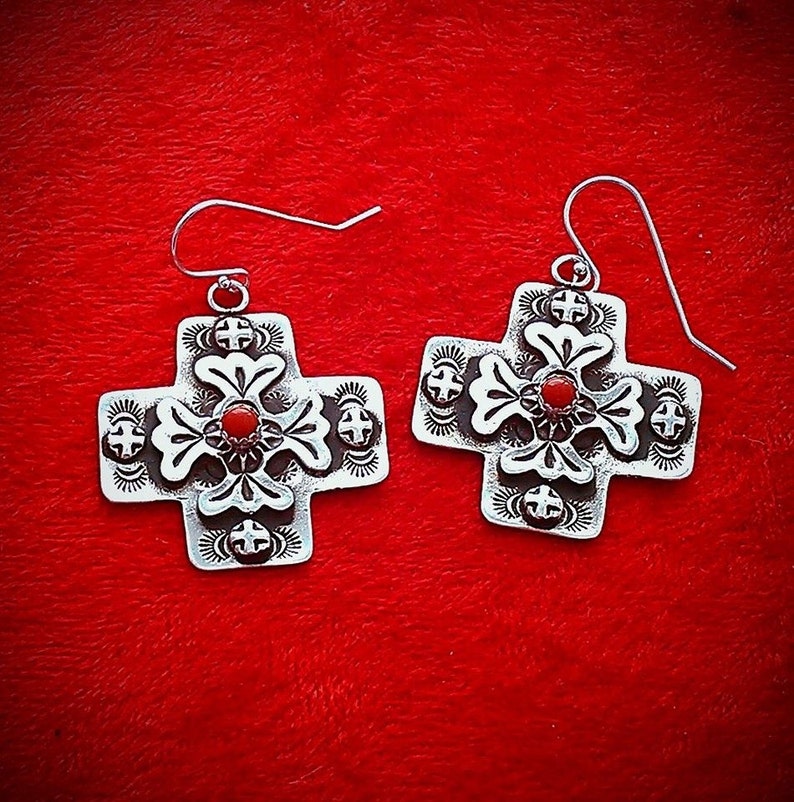 E110C The Santa Fe Cross with 4mm Garnet Coral or Turquoise sterling silver southwestern native style earrings image 1