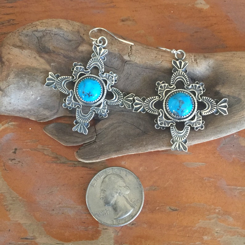 E309 The Puerto de Luna Cross sterling silver with turquoise southwestern style earrings image 2