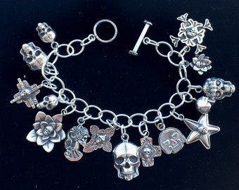 Skull Charm Bracelet Solid Sterling Silver Jewelry Santa Fe Native Goth Biker Style