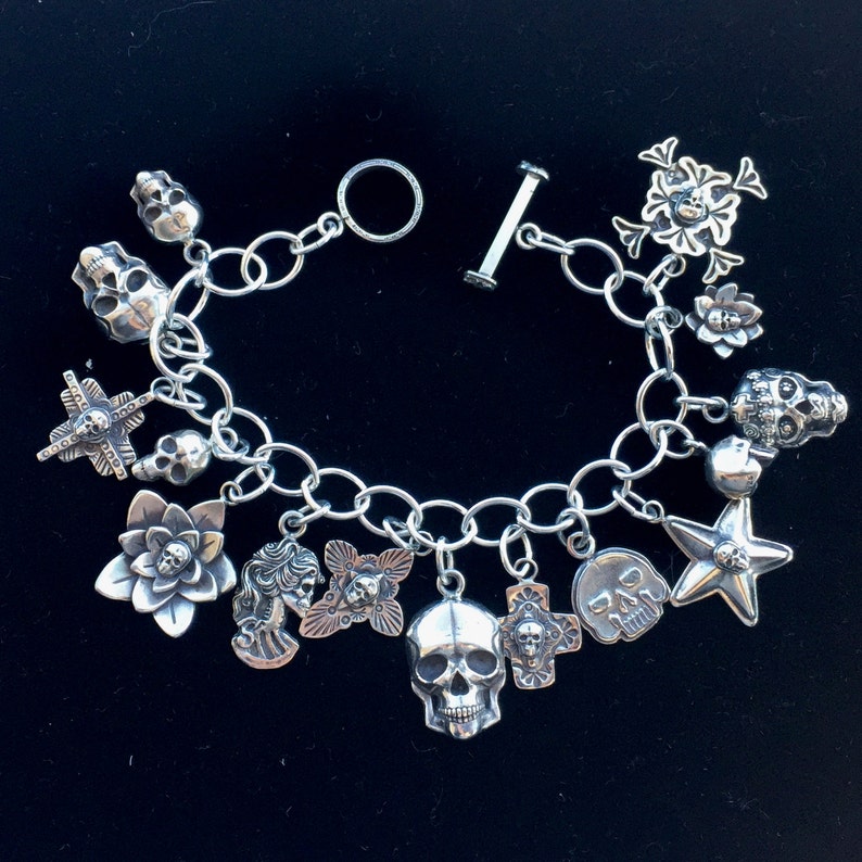 Skull Charm Bracelet Solid Sterling Silver Jewelry Santa