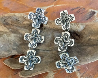 E94T Triple  Galisteo Cross Southwestern Style Sterling Silver Earring from Santa Fe