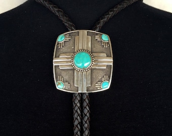 BZ10 Turquoise Zia Sun Symbol Sterling Silver Southwestern Native Style Bolo Necktie