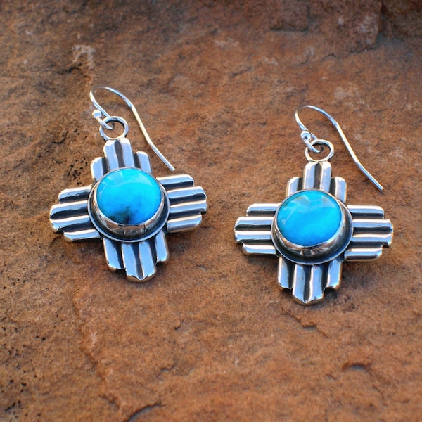 EMZ New Mexico Zia Symbol Turquoise and Silver Contemporary Southwestern Native Style Earrings on French Hooks