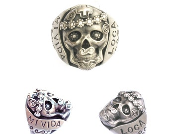 R13 Mi Vida Loca Ring (My Crazy Life) Sterling Silver Skull Day of the Dead Dia de los Muertos Ring