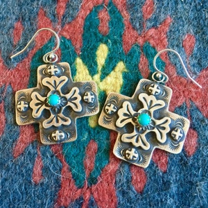 E110C The Santa Fe Cross with 4mm Garnet Coral or Turquoise sterling silver southwestern native style earrings image 3