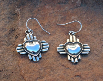 EHZ I Love New Mexico Sterling Silver Heart Over Zia Symbol Southwestern Native Style Earrings