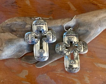 E385 Cristo Rey Cross Overlay sterling silver southwestern native style earrings