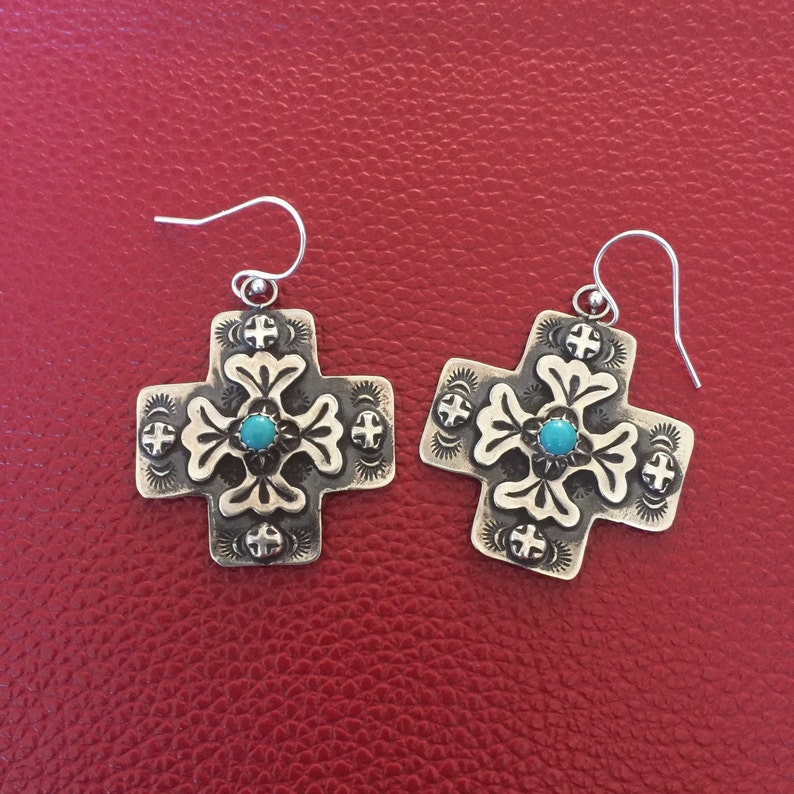 E110C The Santa Fe Cross with 4mm Garnet Coral or Turquoise sterling silver southwestern native style earrings image 2