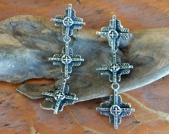 E113T Triple Tesuque Cross Sterling Silver Earrings Southwestern Native Santa Fe Style