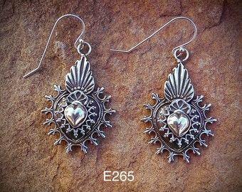 E265 The Mesilla Burning Sacred Heart with Taos Sacred Heart overlay sterling silver southwestern native style earrings