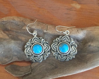 E308 The Rose Window Turquoise Earrings in Sterling Silver