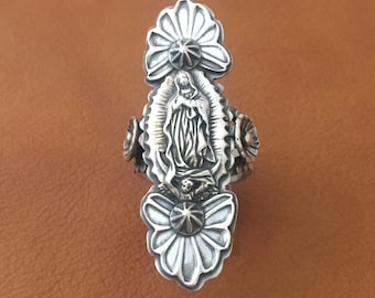 GR1 Long Guadalupe Madonna Our Lady Sterling Silver Southwestern Native Style Ring