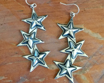 E275B Sterling Silver TRIPLE Star Earrings Southwestern Native Santa Fe Style Texas Lone Star Starry Night