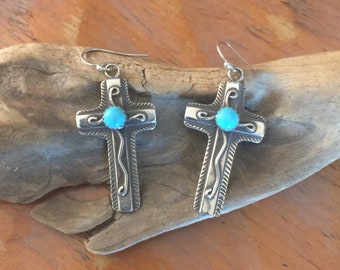 E240T Chimayo Cross Overlay with Turquoise sterling silver southwestern native style earrings