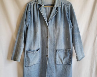 Vintage y2k Light Wash Denim Duster Jacket – Western Shoulder Yoke Chore Coat