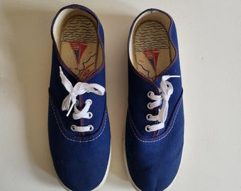 Zapatos náuticos de lona vintage de los años 60, color azul marino, con suela de velero, talla 8.5.