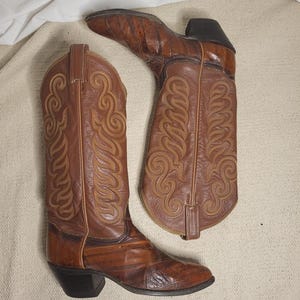 May include: A pair of brown leather cowboy boots with intricate tan stitching. The boots have pointed toes, stacked heels, and decorative patterns on the shafts. The boots are a classic Western style.