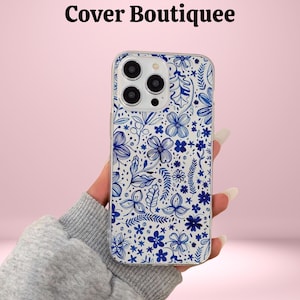 Custodia per iPhone con motivo floreale blu - Stampa botanica disegnata a mano su custodia morbida, estetica minimalista e artistica, regalo per lei o per una ragazza adolescente