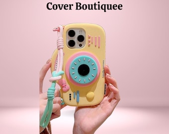 3D Camera iPhone Case With Strap, Cute Silicone Cover For 14 15 Pro Max 13 12, Kawaii Cartoon Phone Charm For Girls & Women Gift