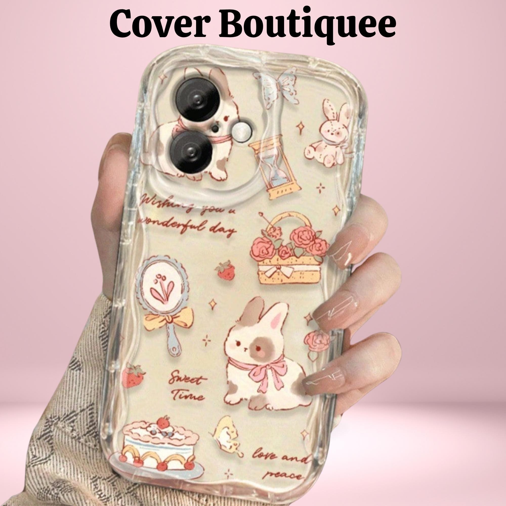 Kawaii Bunny iPhone Case: Floral Pastel Pink Soft TPU Cover