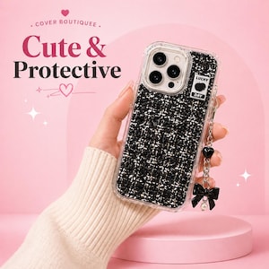 May include: A clear phone case with a black and white tweed pattern. The case has a charm with a black bow, a pearl, and heart-shaped beads. The text on the case says "Cute & Protective" and "Lucky Day".