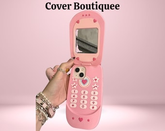 Cute 3D Flip Phone iPhone Case With Mirror – Soft Silicone Shockproof Cover, Hot Pink Kawaii Style Gift for Girls Teens Women