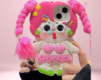 3D Cartoon Girl iPhone Case: Braided Hair, Soft Silicone, Shockproof