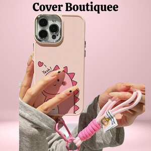 Pink Dinosaur iPhone Case with Strap – Cute Cartoon Soft Cover with Wrist Lanyard, Kawaii Animal Design, Gift for Teen Girls or Her