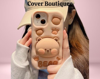 3D Teddy Bear Silicone Phone Case With Telescopic Stand – Cute Shockproof Soft Cover for iPhone 11 12 13 14 15 16 Pro Max, Kawaii Gift