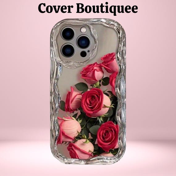 3DローズiPhoneケース：ウェーブシルバーフレーム、ロマンティックな花