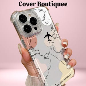 Coque de voyage pour iPhone avec motif carte d'avion, coque de téléphone transparente romantique avec citation « Mon coeur bat avec vous », cadeau pour les voyages interurbains