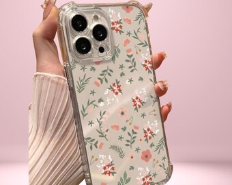 Capa macia floral para iPhone: capa protetora transparente, design de flores silvestres em tom blush