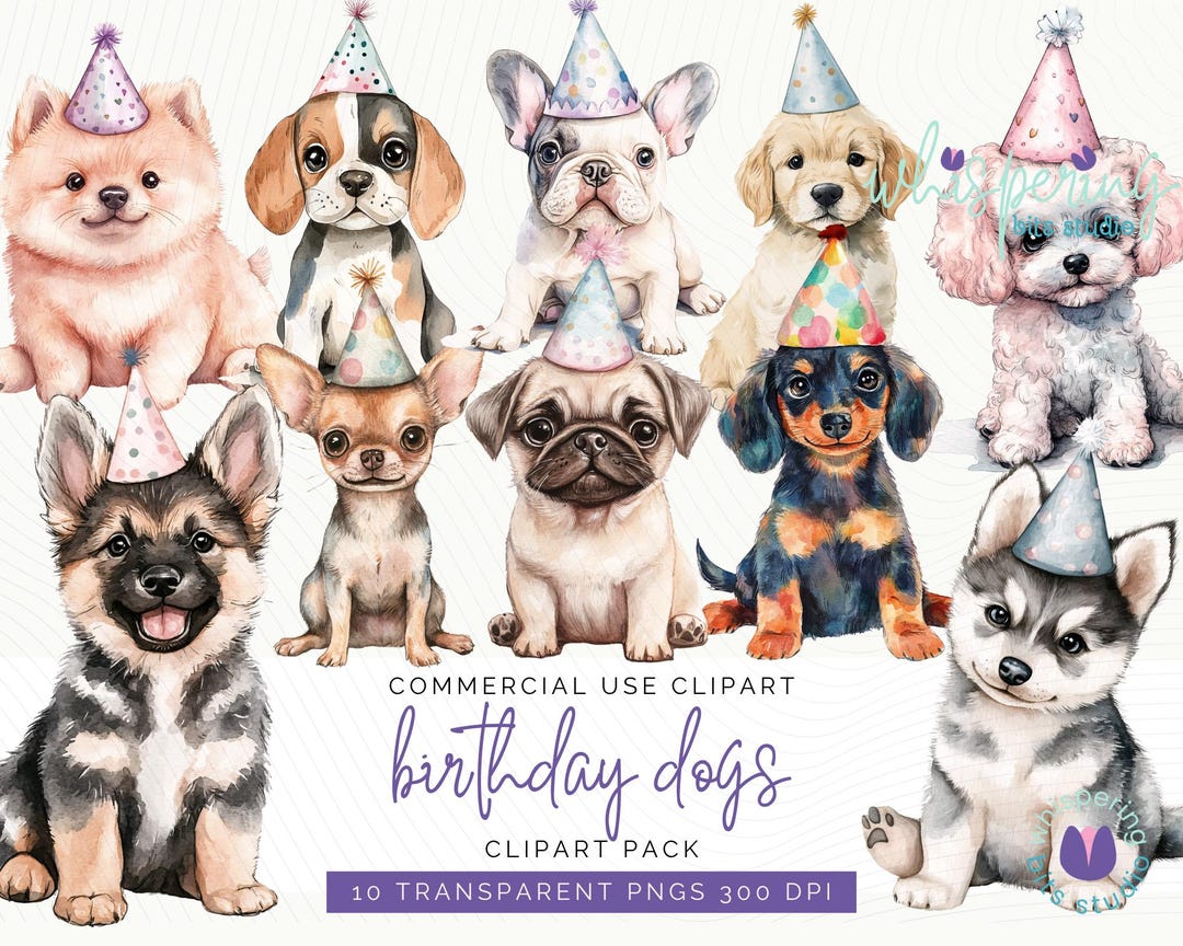 Watercolor Birthday Dogs Clipart, Cute Pastel Puppy Pngs, Party Hat Dog ...