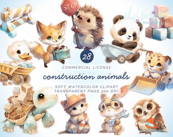 Watercolor Construction Animals Clipart, Cute Builder Bear Truck PNG, Construction Party Nursery Decor, Kids Watercolor Animals Digital