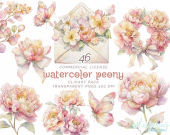 Pastel Peony Watercolor Clipart, Soft Pink Yellow Bouquet PNG Set, Delicate Wedding Flowers, Vintage Floral Wreaths Digital Download