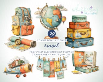 Reise-Clipart-Set, Globus-Karten & Flugzeug PNG, Aquarell Reisetaschen, Urlaubsutensilien, digitaler Download