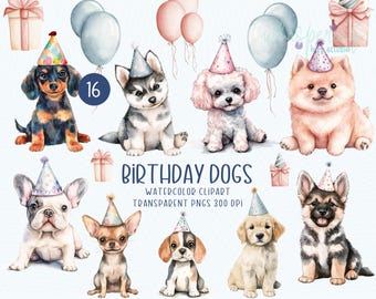 Watercolor Birthday Dogs Clipart, Cute Pastel Puppy PNGs, Party Hat Dog Clipart, Kawaii Dog Art, Dog Birthday Stickers, Pet Party Design