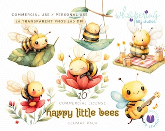 Watercolor Happy Bees Clipart, Pastel Bee PNGs, Cute Bee Illustrations, Kawaii Bee Stickers, Bee Lover Art, Spring Bee Sublimation Designs