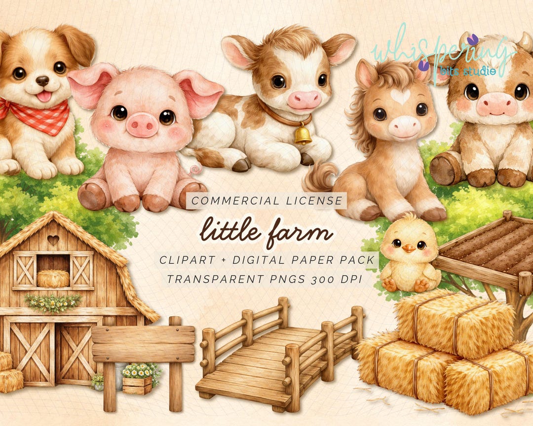 Farm Baby Shower Clipart Bundle, Cute Farm Animals PNG Set, Barnyard ...