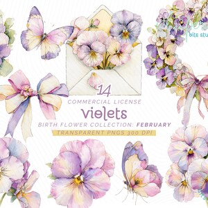 Watercolor Violets, Cluster of Violets Clipart, February Birth Month Flower, Purple Floral Clipart, Botanical Prints, Digital Flower