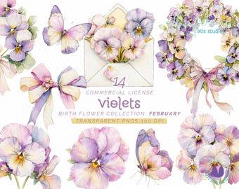 Watercolor Violets, Cluster of Violets Clipart, February Birth Month Flower, Purple Floral Clipart, Botanical Prints, Digital Flower