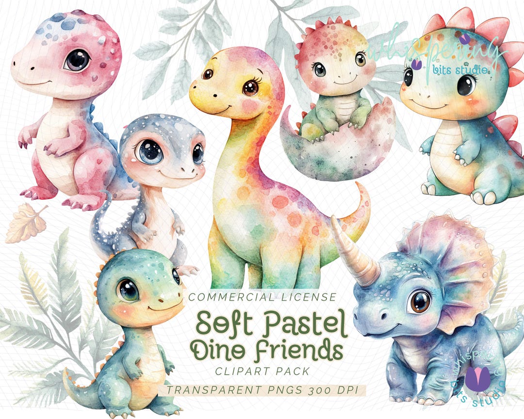 Pastel Dinosaur Clipart PNG Bundle, Cute Baby Dino Pngs, Watercolor ...