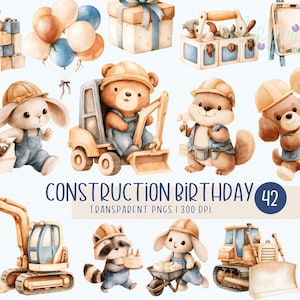 Pode incluir: Uma coleção de ilustrações em aquarela com animais em trajes de construção, incluindo ursos, coelhos e um guaxinim, junto com veículos de obra, ferramentas, balões e um presente. Texto: CONSTRUCTION BIRTHDAY 42 TRANSPARENT PNGS | 300 DPI.