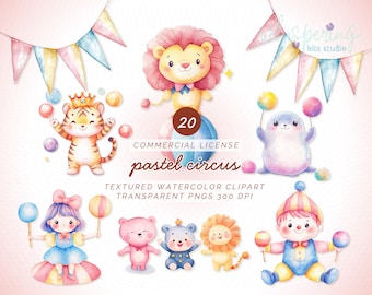 Watercolor Pastel Circus Clipart, Cute Carnival PNGs, Soft Carnival Animals, Circus Tent Clipart, Baby Shower Clipart, Pastel Circus Decor