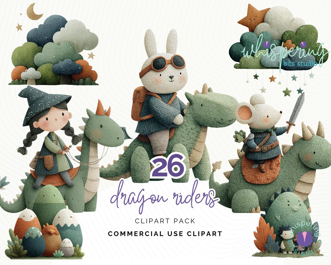 Dragon Riders Clipart Set, Fantasy Animals & Knights PNG, Felt Texture ...