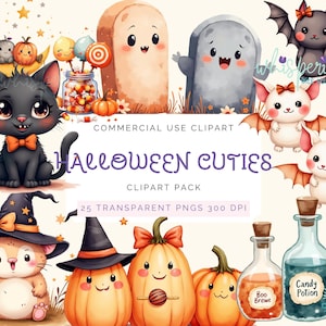 Halloween Cuties PNG Bundle, Kawaii Halloween Clipart, Spooky Season Shirt, Halloween Party Decoration, Halloween Nursery, Cats, Pumpkins