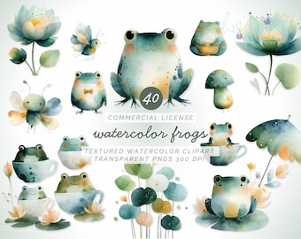 Cute Frogs PNG Clipart Set, Watercolor Frog Illustrations, Kawaii Frog PNG, Frog Lover Gift, Frog Stickers, Frog Sublimation Designs