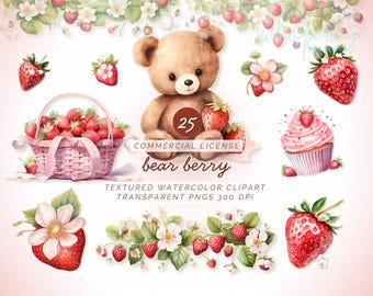 Bear Berry Watercolor Clipart Bundle PNG, Cute Teddy Bear Strawberry Theme, Commercial Use Sublimation Digital Download
