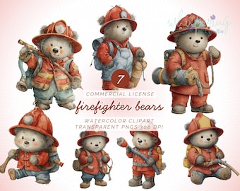 Firefighter Bears Clipart, Cute Bear Fireman PNGs, Watercolor Firefighter Animals, Kids Firefighter Party, Digital Download, Sublimation